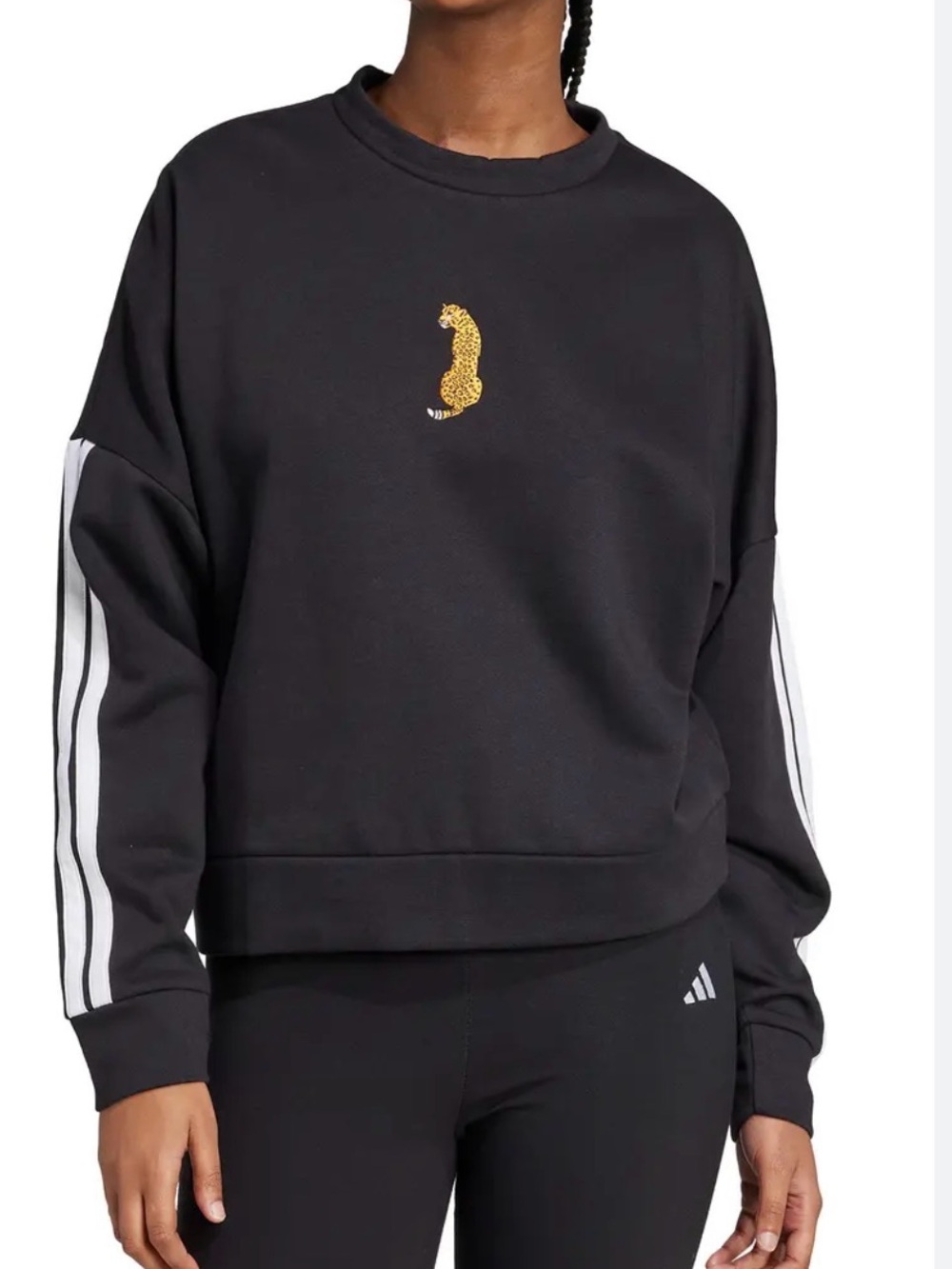 adidas Black Crewneck Sweatshirt with Embroidered Leopard